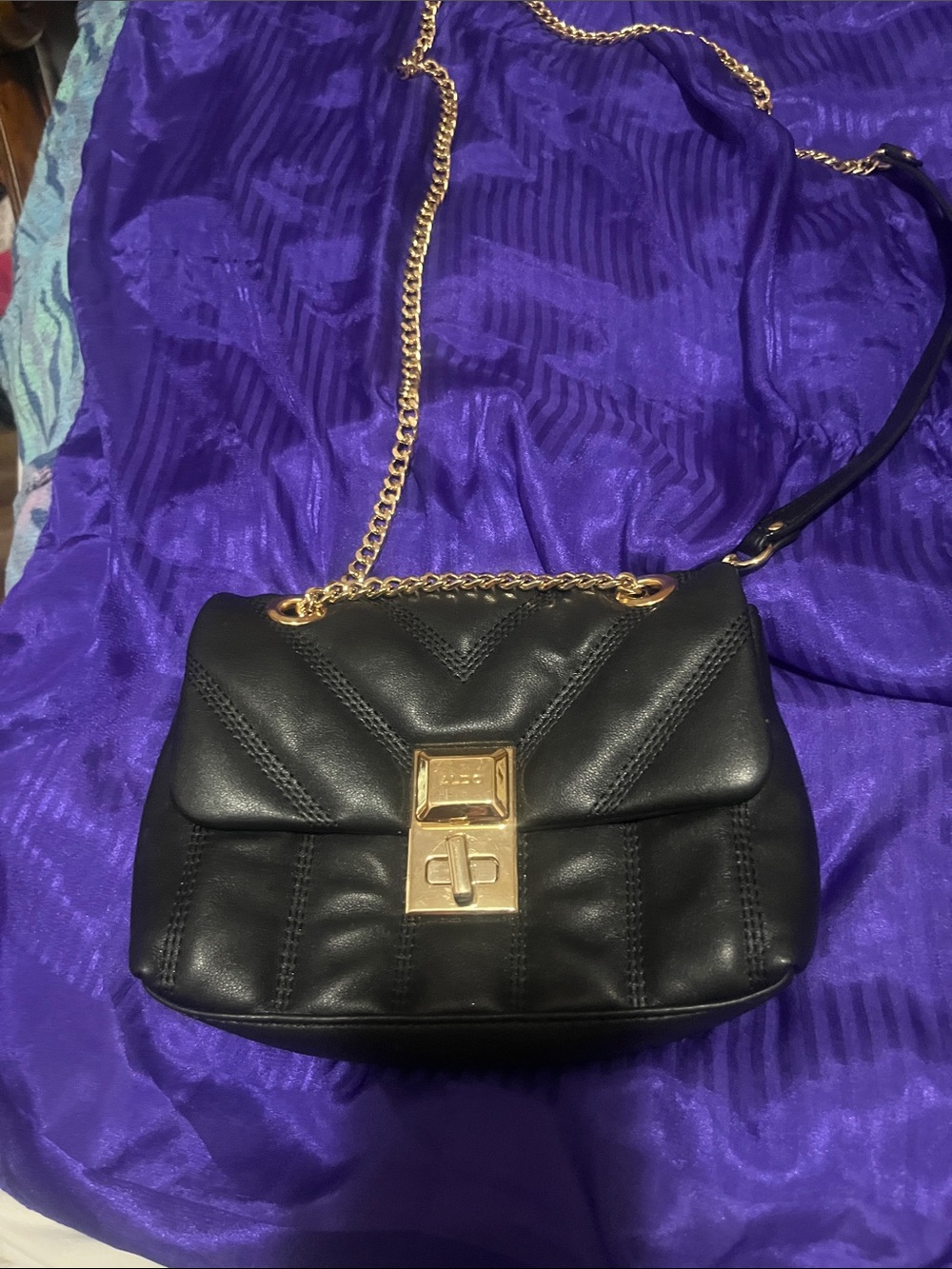 Aldo Black Quilted Crossbody with Gold Chain & Turn-Lock